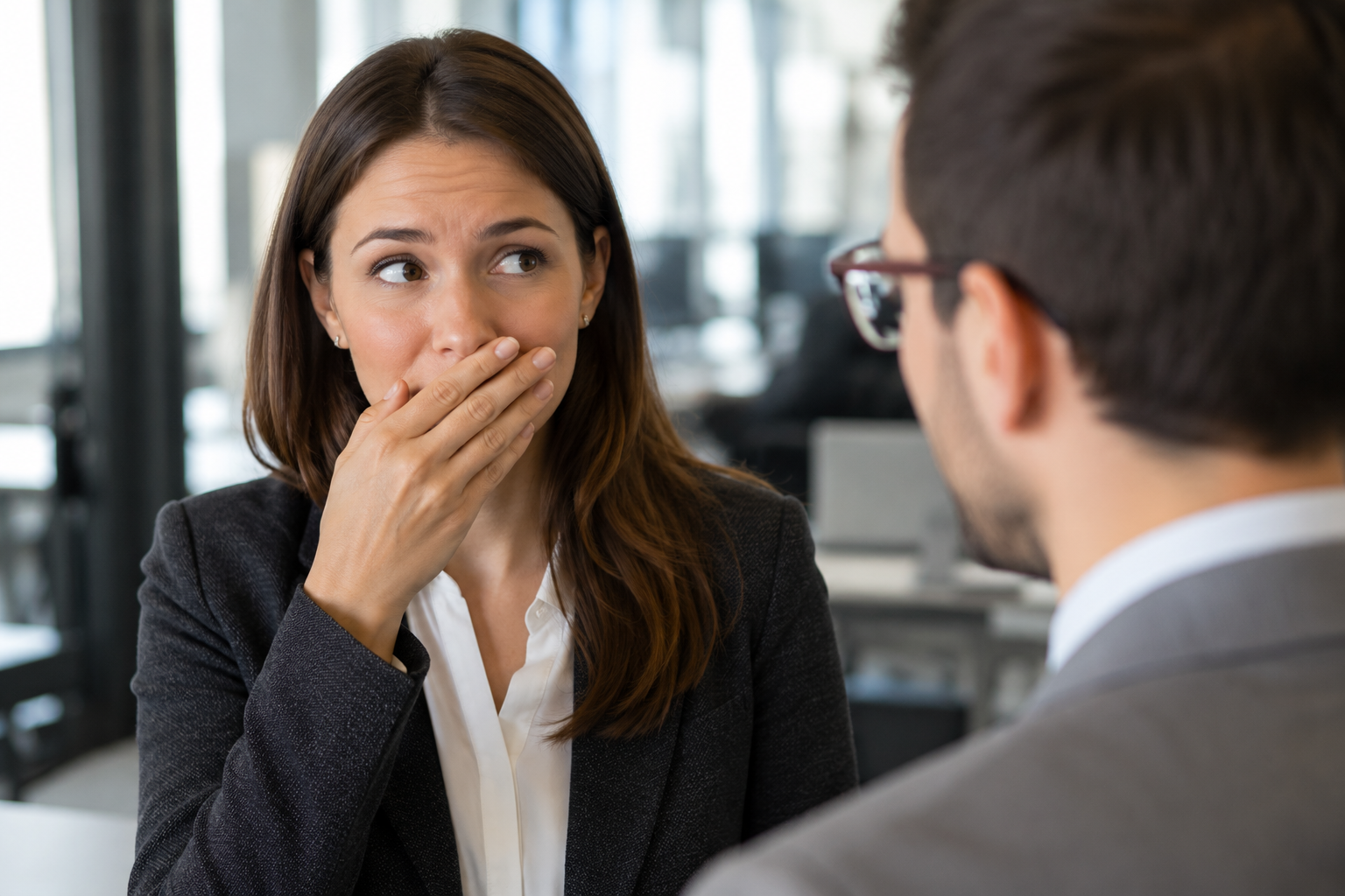 Woman discreetly covering mouth due to concern about bad breath