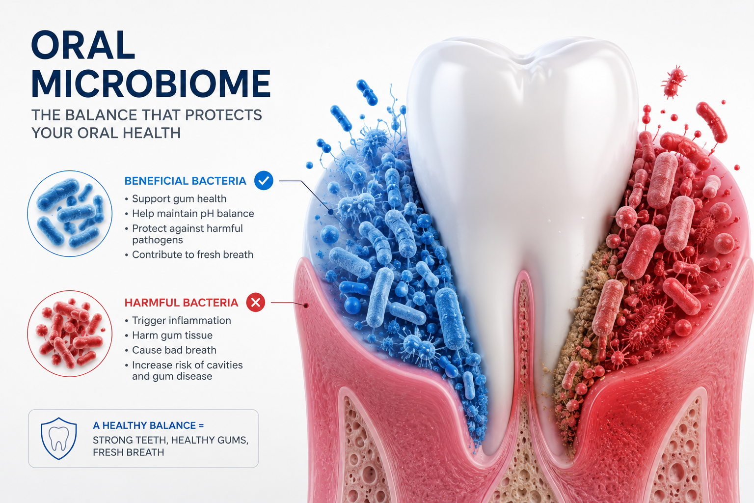 Oral microbiome balance with beneficial and harmful bacteria