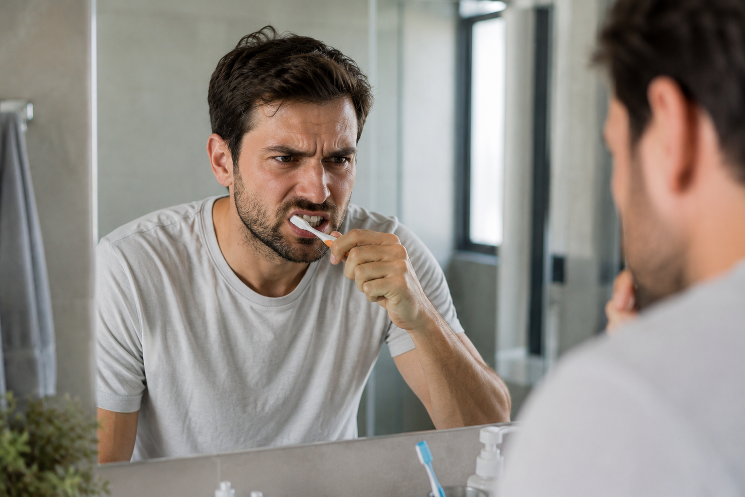 Man brushing teeth while still concerned about oral care