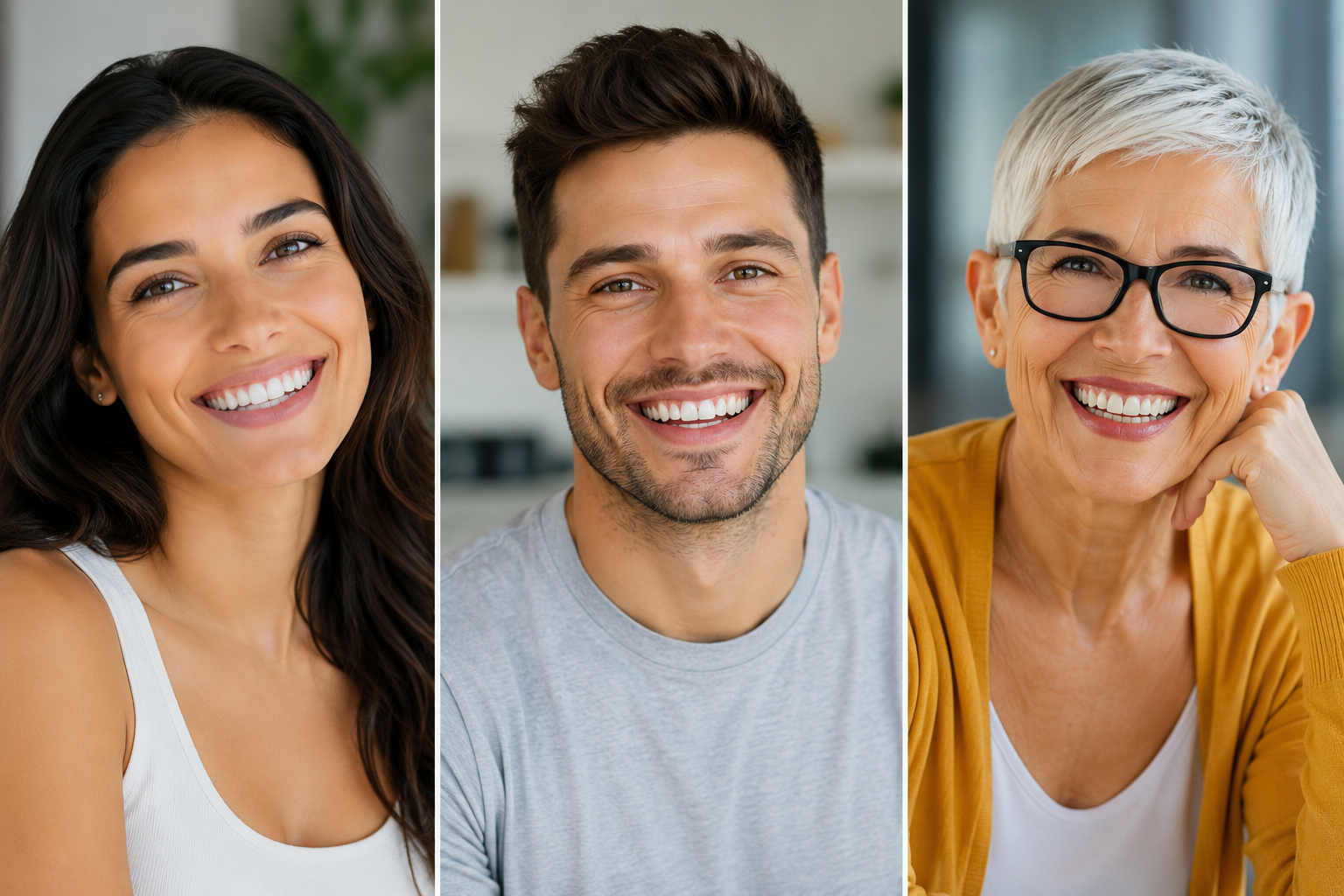Three smiling adults sharing customer experiences